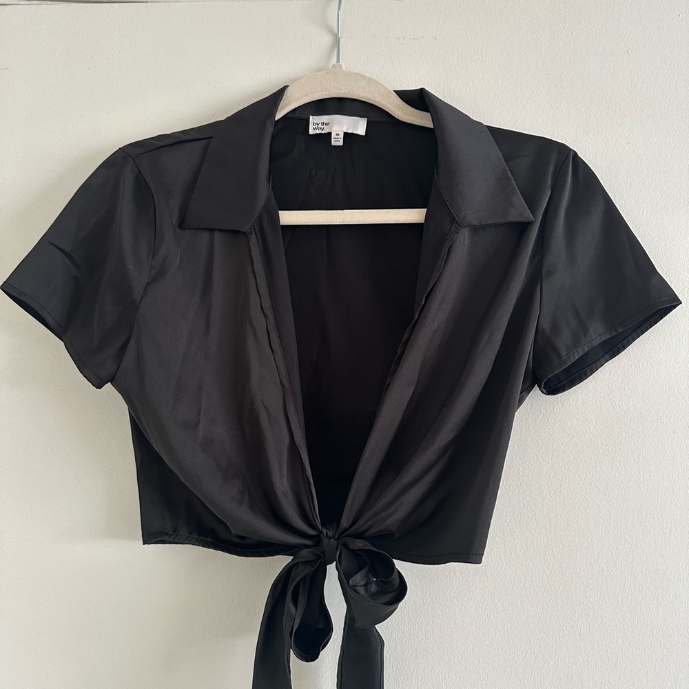 Black Tie-Front Satin Crop Top